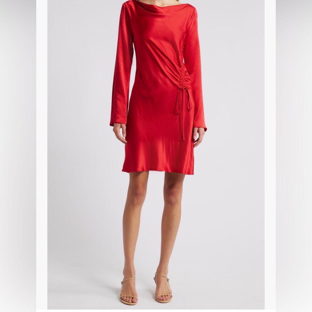 Alessandra Long Sleeve Ruched Satin Dress- Rails